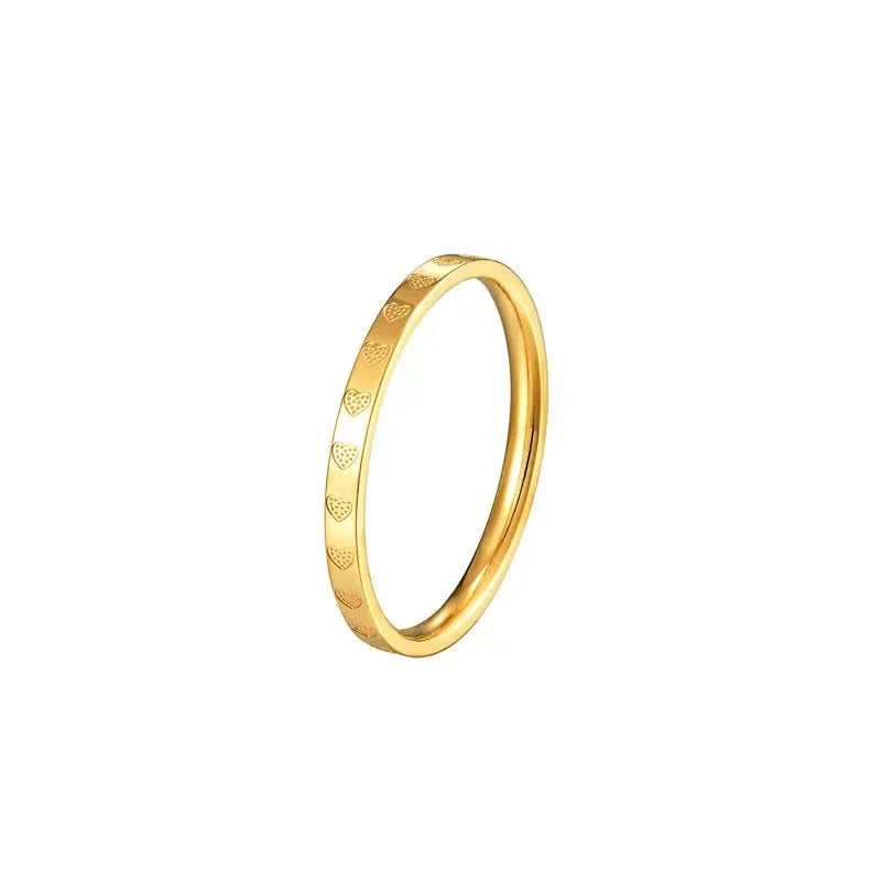 Golden Stainless Steel 2mm Love Heart Pattern Rings Women Size 5/6/7/8/9/10# Thin Finger Ring Wedding Band Engagement Jewelry