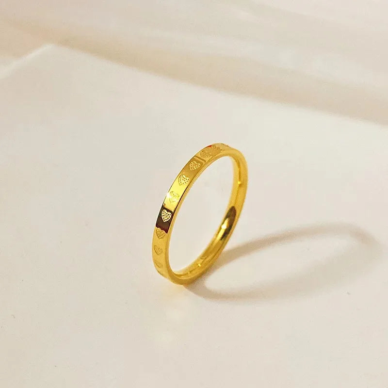 Golden Stainless Steel 2mm Love Heart Pattern Rings Women Size 5/6/7/8/9/10# Thin Finger Ring Wedding Band Engagement Jewelry